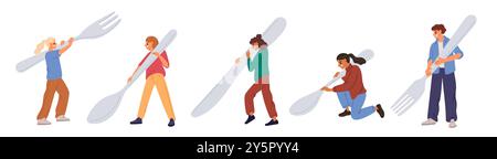 Tiny men and women hold tableware. Happy people with large spoons, forks or knife. Kitchen utensils. Dining cutlery. Persons carrying big silverware. Stock Vector