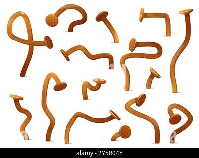 Rusty bent nails and heads. Cartoon old steel metal hobnails. Bonding spikes. Driven in wall curved objects. Industrial tools. Repair hardware. Broken Stock Vector