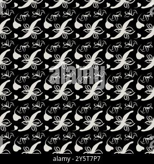 A Floral seamless pattern textile. Hand drawn simple abstract flowers black and white tone. Trendy collage pattern on dark background Stock Vector