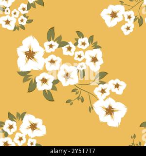 A yellow abstract tropics seamless pattern. Grunge palm trees silhouettes transparent texture background. The white warm Exotic illustration design Stock Vector