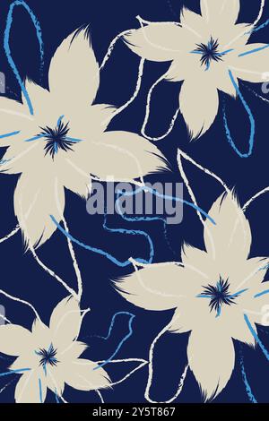 Seamless hand drawing Floral textile with a floral pattern with large, The flowers have delicate, hand-drawn outlines in blue and white Stock Vector