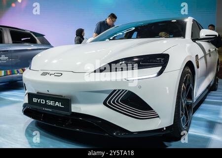 Kuala Lumpur, Malaysia - May 24,2024 : BYD Seal electric car displayed at The Malaysia Autoshow was held at the Malaysia Agro Exposition Park Serdang Stock Photo