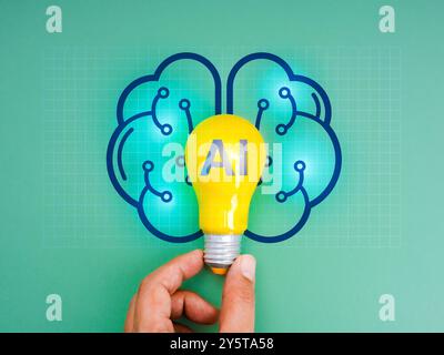 Artificial intelligence and solution business service concept. AI, text o n yellow light bulb, holding by human hand on digital smart brain graphic sy Stock Photo