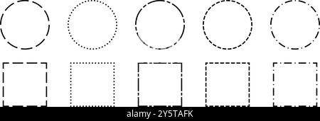 Black dashed frame collection. Dashed outline circle and square border set. Geometric dotted rectangular and round shape pack. Outline cut out element design bundle for poster, banner, flyer. Vector Stock Vector