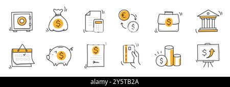 Money finance doodle hand drawn icon set. Finance business, money, bank sketch drawn cute trendy doodle icon. Business bank sketchy calculator, increase economic goal elements. Vector illustration Stock Vector