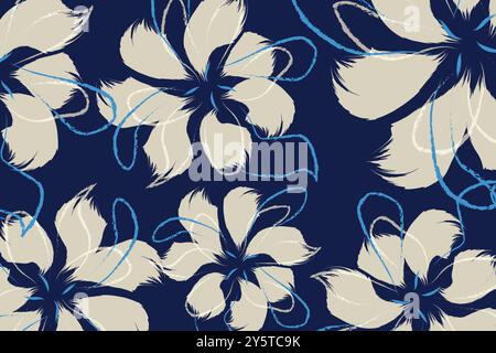 flowing blue lines weave around and between the flowers, adding a sense of movement and connecting the elements within the design. vector illustration Stock Vector