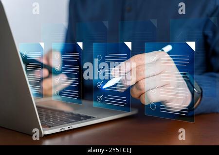Questionnaire with checkboxes, filling survey form online, answer questions of test. Survey form concept. Education futuristic technology and learning Stock Photo