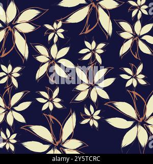 A brown groovy flowers on a blue background. Blue, white and green colors. Vector illustration. and Abstract floral seamless pattern. Colorful botanic Stock Vector