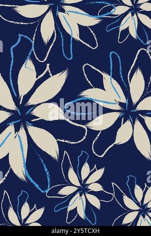 The flowers are outlined with bold, blue and white lines, giving the design, and Cute feminine seamless watercolor pattern vector Stock Vector
