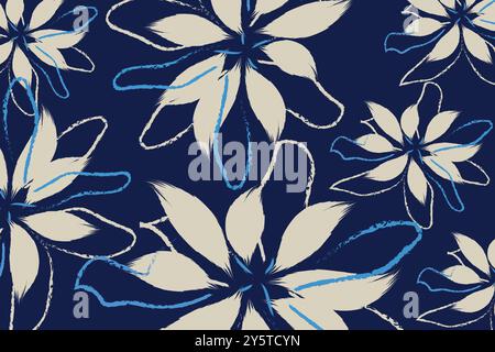 The flowers are outlined with bold, blue and white lines, giving the design, and abstract allover vector flower pattern on green background Stock Vector