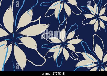 The flowers are outlined with bold, blue and white lines, leaf pattern, leaves pattern, geometric pattern, abstract seamless pattern. vector illustrat Stock Vector
