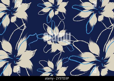 A small flower seamless pattern on white background, and Floral pattern with a navy blue background and stylized cream-colored flowers. The flowers ar Stock Vector