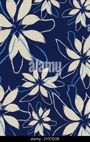The flowers are outlined with bold, blue and white lines, giving the design, and Floral pattern with a navy blue background and stylized cream-colored Stock Vector