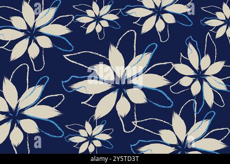 A flowers pattern on blue background, and Floral pattern with a navy blue background and stylized cream-colored flowers. The flowers are outlined vect Stock Vector