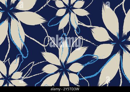 Floral pattern withstylized cream-colored flowers with navy blue background with soft white flowers textile vector and A flowers pattern on blue backg Stock Vector