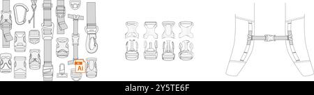 Buckle hardware technical CAD vector flats, fashion belt buckle and strap fastener design templates Stock Vector