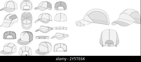 Headwear technical CAD vector fashion flats, caps hats visors and beanie design templates front and side views Stock Vector