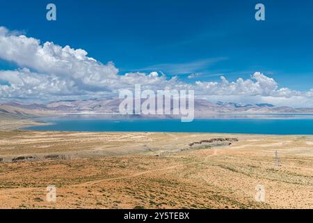 The sacred Manasarovar lake with blue transparent water in the mountains of Tibet under cloudy sky. Ngari scenery in West Tibet. Sacred place for Budd Stock Photo