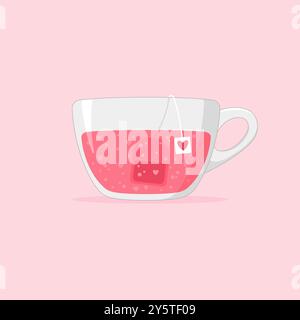 Love tea abstract vector illustration. Cute mug of tea with many little hearts inside on pink background. Stock Vector