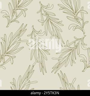 Rosemary spice branches vector seamless pattern. Hand drawn food illustration, leaves silhouette for packing, textile, kitchen utilities design. monoc Stock Vector