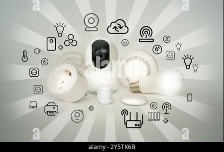 Smart home devices equipment. Remote control security system. Home automation icons. White background. Stock Photo