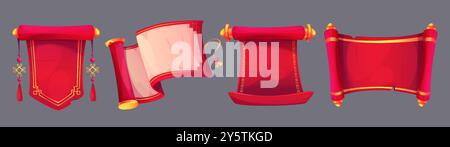 Chinese scroll paper set isolated on background. Vector cartoon illustration of red silk or parchment roll with blank surface, golden sign decoration, ancient asian banner, traditional antique letter Stock Vector