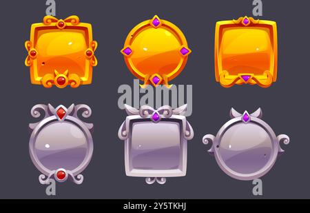 Medieval gold and silver game frames set isolated on background. Vector cartoon illustration of round, square metal buttons decorated with gemstones, medieval royal rank sign, user interface element Stock Vector