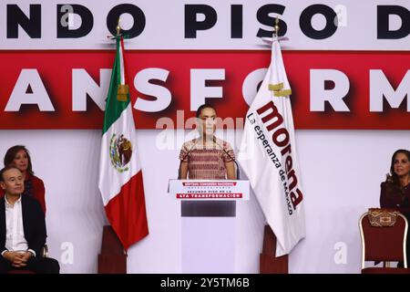 Mexico City, Mexico. 22nd Sep, 2024. Mexico's President-elect Claudia Sheinbaum Pardo speaking during the Installation of the VII Extraordinary National Congress of MORENA, at the World Trade Center (WTC). on September 22, 2024 in Mexico City, Mexico. (Photo by Carlos Santiago/ Credit: Eyepix Group/Alamy Live News Stock Photo