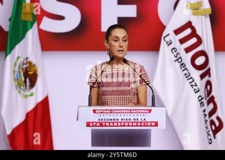 Mexico City, Mexico. 22nd Sep, 2024. Mexico's President-elect Claudia Sheinbaum Pardo speaking during the Installation of the VII Extraordinary National Congress of MORENA, at the World Trade Center (WTC). on September 22, 2024 in Mexico City, Mexico. (Photo by Carlos Santiago/ Credit: Eyepix Group/Alamy Live News Stock Photo