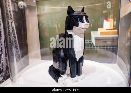 London, UK - July 26, 2024: Huge Lego sculpture of a cat at the Lego shop in Luton Airport. Stock Photo