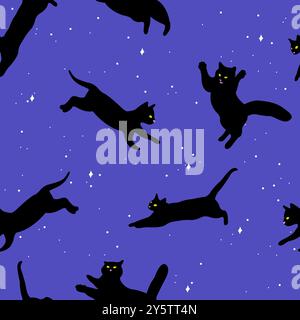 Black cats in blue night sky background. Seamless pattern. Halloween decoration. Stock Photo