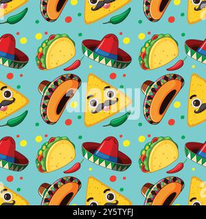 Colorful seamless pattern with tacos and sombreros Stock Vector