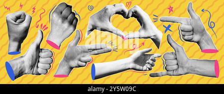 Collection of halftone hands with doodle elements. Gesture signs. Set of collage elements. Stock Vector
