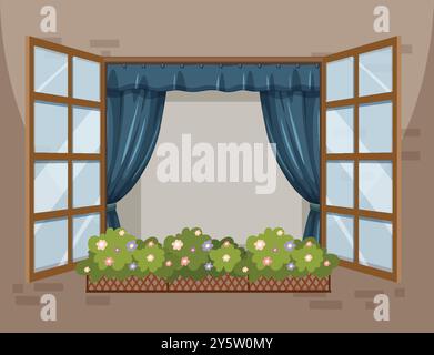 Open window with blue curtains and flowers Stock Vector