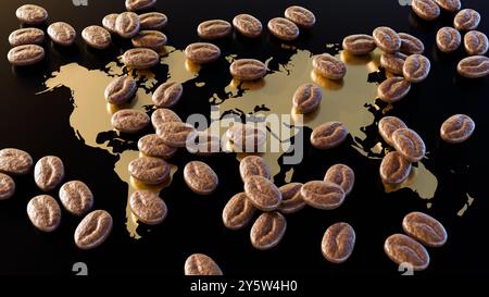 3d rendering of a world map made of gold, surrounded by scattered coffee beans on a black background. Stock Photo