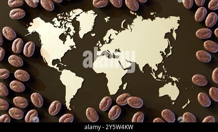 3d rendering of a world map made of gold, surrounded by scattered coffee beans on a black background. Stock Photo