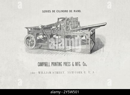 Vintage advert of Campbell printing press & MFG Co., William street, New York E. U. A. 1889 series of hand cylinders. Stock Photo