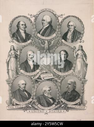 Vintage illustration of the Chief Justices of the United States. 1894 Head-and-shoulders portraits in ovals of the Chief Justices of the Supreme Court flanked by allegorical female figures of Justice and Liberty. Justices include: John Jay, John Rutledge, Oliver Ellsworth, John Marshall, Roger Brook Taney, Salmon Portland Chase, Morrison R. Watte and Melville W. Fuller. Stock Photo