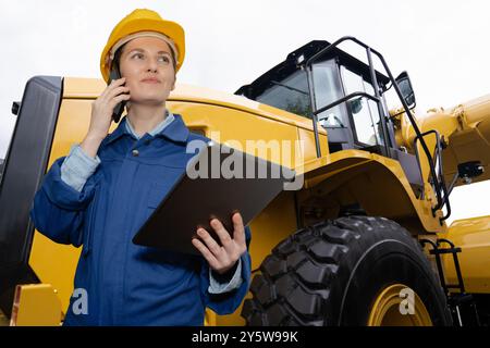 Woman with digital tablet on the background of construction machine. Stock Photo