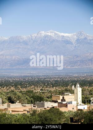 Jebel Toubkal (4167m.) seen from Tioute village. Sous Valley. Antiatlas. Morocco. Stock Photo