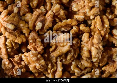 Many tasty walnuts as background, top view Stock Photo