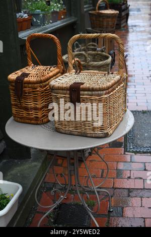 Wicker baskets on a table Stock Photo