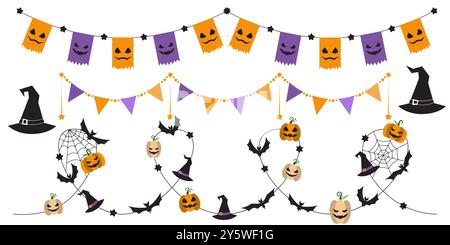 Halloween party decoration garland set with bats, pumpkins, witch hat. Cute Jack O Lantern Evil Pumpkin Garland Set for Halloween. Simple banner Stock Vector
