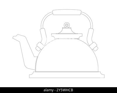 Teapot liquid water place kettle old antique traditional drink jar kitchen stuff item design set outline Stock Vector