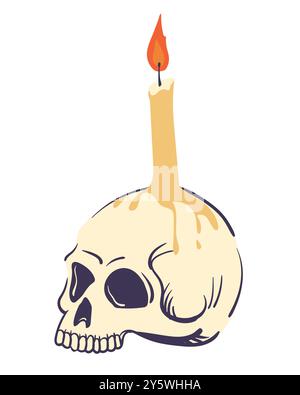 Illustration of human skull and burning candle. Vector cranium used as candlestick. Human bone for Halloween decor or product design in mystical style Stock Vector