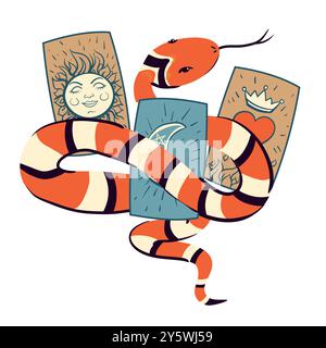 Vector mystical illustration with snakes and tarot cards. Occult symbols in flat style. Concept art for tattoo or occult project. Witchcraft, astrolog Stock Vector