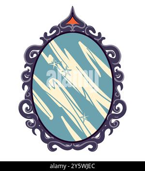 Vector black witch mirror. Occult symbol in flat style. Fairytale object for divination and revealing secrets. Vintage Halloween design element. Stock Vector