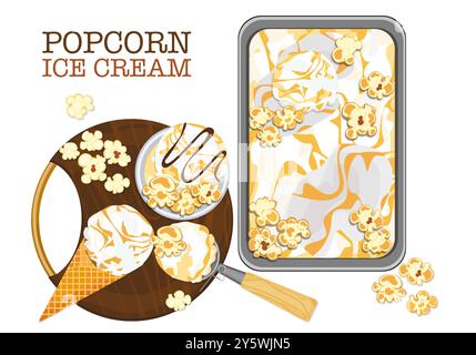 Vector illustration of caramel popcorn ice cream Template in the tray. Waffle cones, paper cups. Cartoon style. Top view. Isolated on a white backgrou Stock Vector