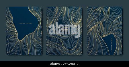 Vector set of art deco wavy art design covers, marble premium templates. Business cards, event invites, brochure, birthday, package background. Stock Vector