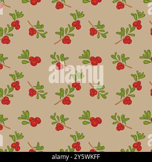 Seamless pattern with bright cranberries on beige background. Vector illustration Stock Vector
